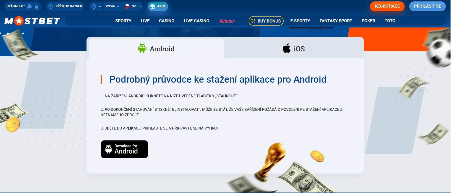 Aplikace Mostbet pro Android